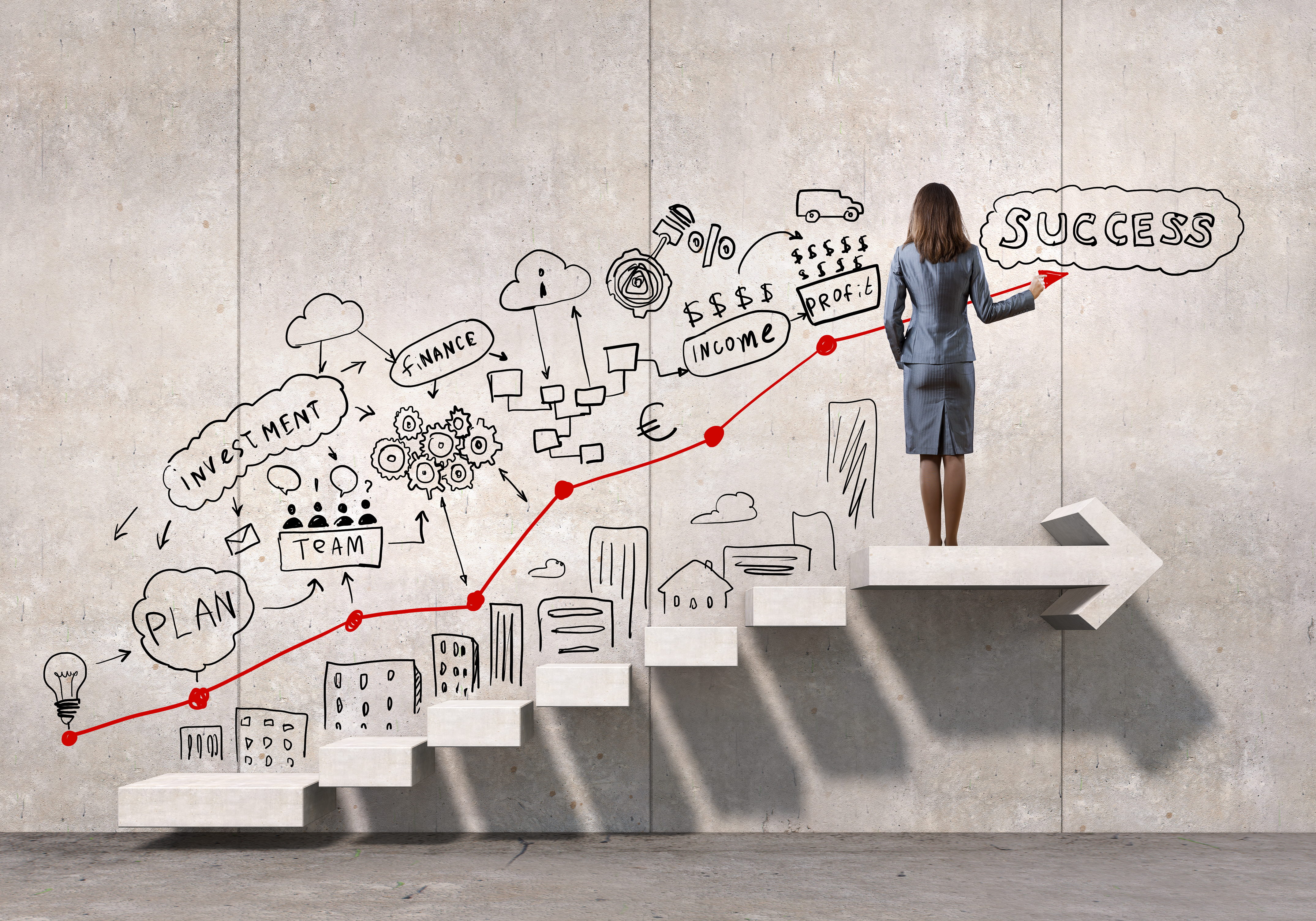 Businesswoman drawing strategy plan over ladder leading to success